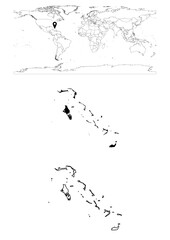 Vector Bahamas map, map of Bahamas showing country location on world with solid and outline maps for Bahamas on white background. File is suitable for digital editing and prints of all sizes.