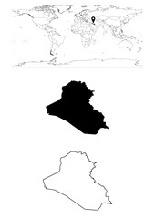 Vector Iraq map, map of Iraq showing country location on world with solid and outline maps for Iraq on white background. File is suitable for digital editing and prints of all sizes.