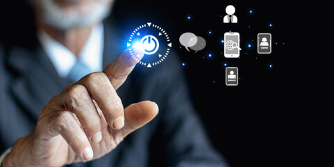 Businessman presses a high-tech button on a virtual background.