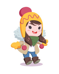 Cute style happy girl in winter clothes cartoon illustration