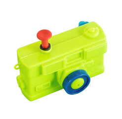 Small green toy photo camera, isolated.
