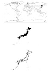 Vector Japan map, map of Japan showing country location on world with solid and outline maps for Japan on white background. File is suitable for digital editing and prints of all sizes.