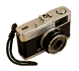 Retro film photo camera, isolated on white background.