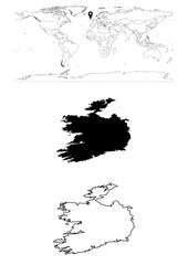 Vector Ireland map, map of Ireland showing country location on world with solid and outline maps for Ireland on white background. File is suitable for digital editing and prints of all sizes.