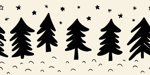 Seamless vector border doodle fir Christmas trees. Hand drawn repeating Christmas pattern horizontal. Vector festive ink texture for footer, header, divider, fabric trim. Black white modern Christmas.