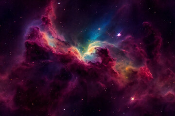 Naklejka premium Beautiful nebula in multiple colors surrounded by sparkling stars. Conceptual digital science fiction art.