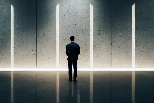 businessman in front of concrete walls obstacles