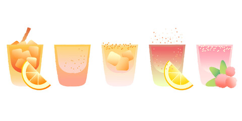 Set alcohol drinks in tumbler glass. Vector with texture and gradient