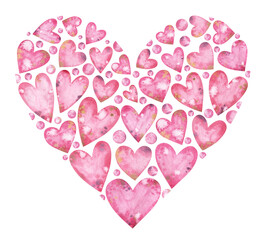 Watercolor pink heart with bubbles. Cute composition for Birthday cards, wedding invitations, Valentines