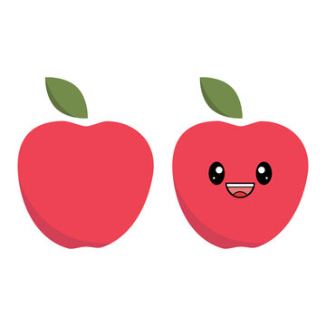 Red apple with kawaii eyes. Flat design vector illustration of red apple on white background. Apple icon. 