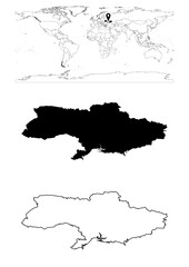 Vector Ukraine map, map of Ukraine showing country location on world with solid and outline maps for Ukraine on white background. File is suitable for digital editing and prints of all sizes.