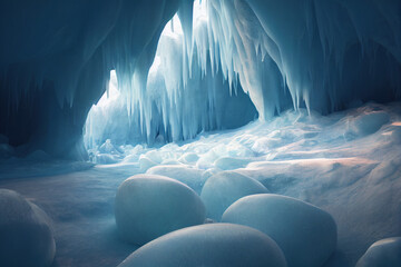 Fantasy chilly Permanent Frost caves. Glowing Unsettling Ice Pillars. Scary Scenery. Landscape Background. - obrazy, fototapety, plakaty