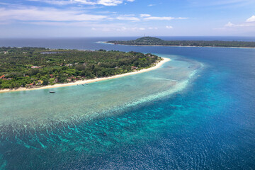 Aerial view of Gili Meno and Gili Trawangan -  coral tropical islands located at West Nusa Tenggara area, Indonesia