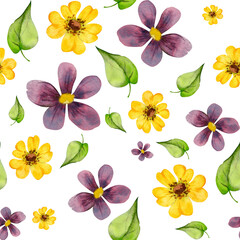 Obraz premium Watercolor hand drawn seamless pattern with green plants, flowers and leaves, isolated on white background. Design for cards, gift bags, invitations, textile, print, wallpaper, for children