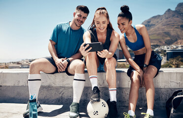 Sports, social media and friends with phone and relax after football training, fitness and workout....