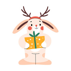 Fototapeta na wymiar Cute rabbit with deer antlers and holding a gift box