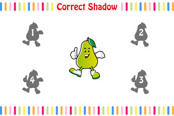 Fototapeta premium Children games find the correct shadow Fruit Mascot, Matching Game for kids, Educational children game printable worksheet, Vector illustration cartoon style