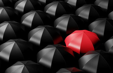 3d concept abstract different business red umbrella among black umbrella dark background. 3d illustration render