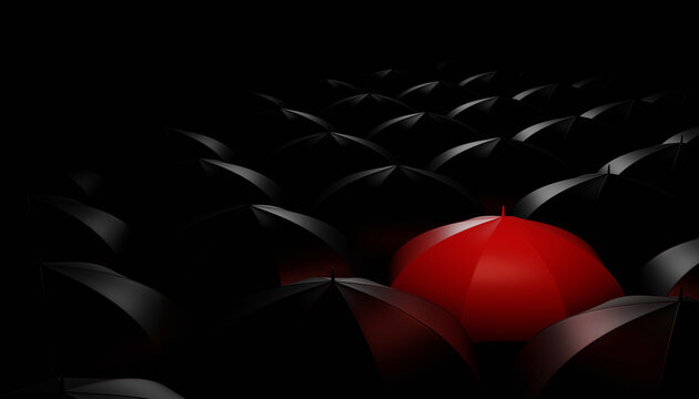 3d concept abstract different business red umbrella among black umbrella dark background. 3d illustration render