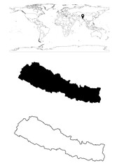 Vector Nepal map, map of Nepal showing country location on world with solid and outline maps for Nepal on white background. File is suitable for digital editing and prints of all sizes.