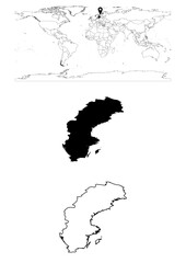 Vector Sweden map, map of Sweden showing country location on world with solid and outline maps for Sweden on white background. File is suitable for digital editing and prints of all sizes.