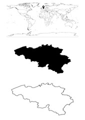 Vector Belgium map, map of Belgium showing country location on world with solid and outline maps for Belgium on white background. File is suitable for digital editing and prints of all sizes.