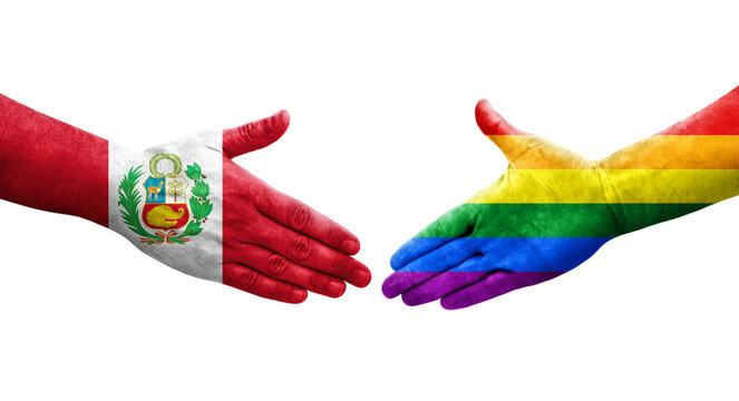 Handshake between LGBT and Peru flags painted on hands, isolated transparent image.