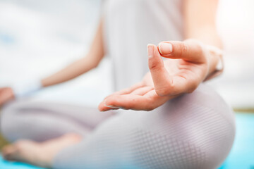 Woman, hands and meditation in relax for yoga, zen and spiritual wellness for mind and body in the...