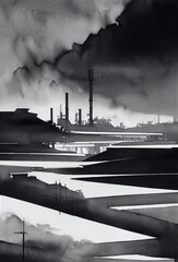 Industry City Abstract Art Illustration. Water Painting Style. Foggy Sad Monochrome Landscape Background.