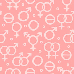 Vector seamless pattern with symbols of genders and sexual orientation. Hand drawn design for wrappings, textile, wallpaper and backgrounds.