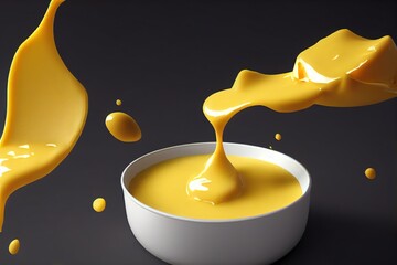Cheese sauce splashing in the air with cheddar cheese, . - obrazy, fototapety, plakaty