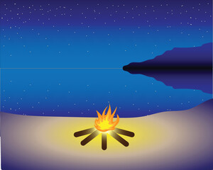 Naklejka premium vector atmosphere of the sea at night with flames by the lake