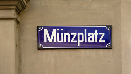 Blue street sign in Zurich, Swiss