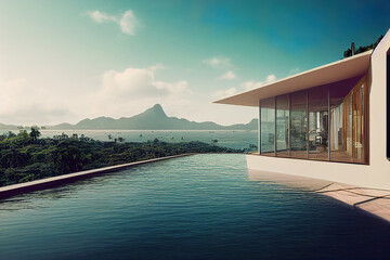 Fototapeta na wymiar modern luxury house next to a pool, tropical environment