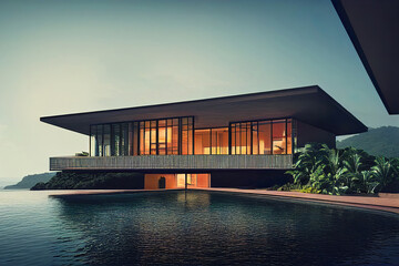 Fototapeta premium modern luxury house next to a pool, tropical environment