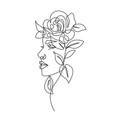 Woman Head with Flowers Line Vector Drawing. Style Template with Female Face with Flowers. Modern Minimalist Simple Linear Style. Beauty Fashion Design 