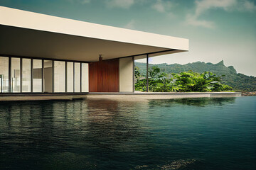 modern luxury house next to a pool, tropical environment