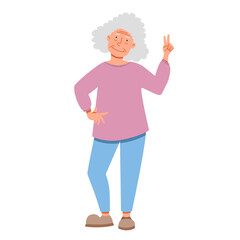 An elderly woman poses with a smile and shows two fingers. Flat vector illustration in cartoon style.