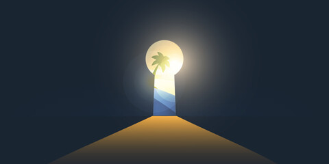 Hope, Curiosity, Dreaming or Find New Idea Concept, Key Hole Shaped Exit on Dark Blue Wall, Sun Light, Palm Trees, Sea, Tropical Scene Outside - Template for Business, Vector Design in Editable Format