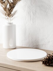 3d ceramic display podium on the wooden table with plant vase and pinecone against white concrete wall. 3d rendering of realistic presentation for product advertising. 3d illustration.