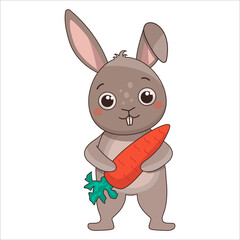 Cute character hare holding a big carrot. Vector graphic.
