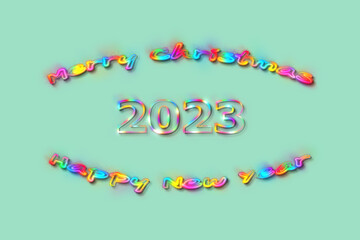 3D illustration New Year concept 2023 design with text glow rainbow design on a beach glass color background.
