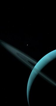 Satellite Ariel orbiting around Uranus planet and her rings. 3d render Vertical