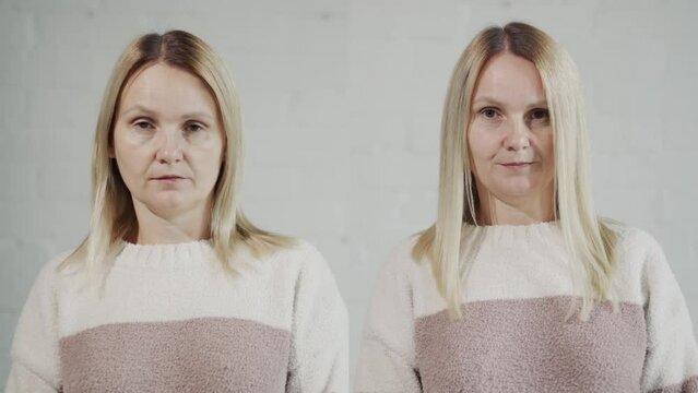 Portrait of a middle aged woman before and after hair extensions