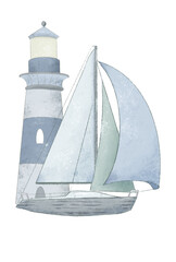 Sailing yacht illustration, drawing in pastel colors in vintage style