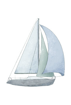 Sailing yacht illustration, drawing in pastel colors in vintage style