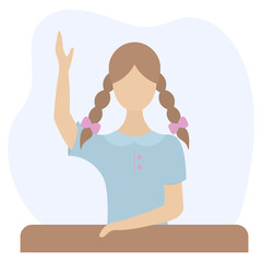 The schoolgirl raises her hand to answer the question. A brunette girl with pigtails sits at a school desk front view. Blue blouse. Color vector illustration. Flat style. Isolated background. 