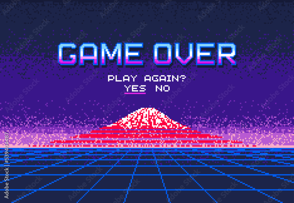 Poster pixel art video game over screen. mount fujiyama. play again question, 8bit arcade or old console fi