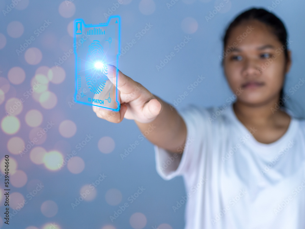 Aufkleber people fingers are pressing on the fingerprint scanner screen. represents protection against externa