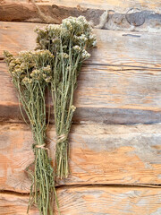 Dried medicinal flowers and herbs on wooden background. Studio Photo